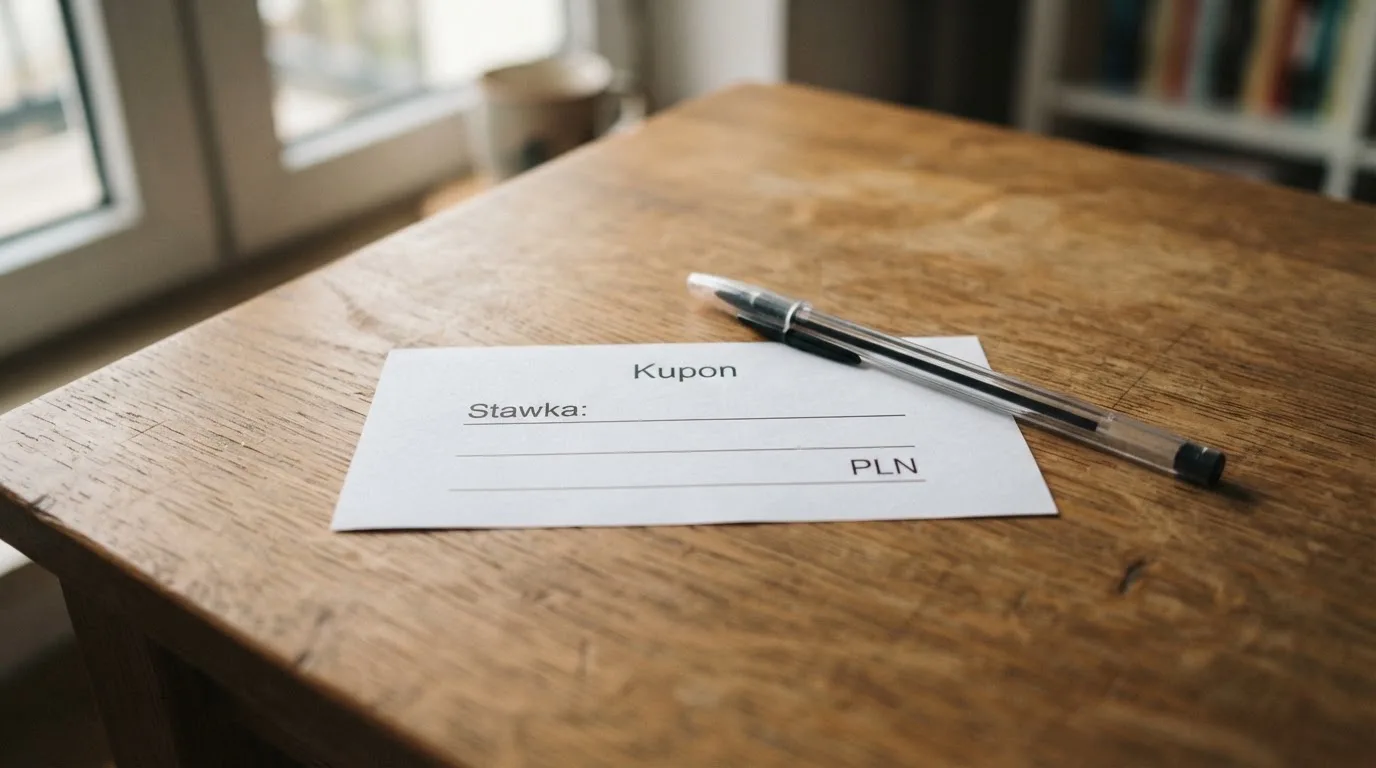 Pusty biały papierowy kupon zakładowy i długopis leżą na drewnianym stole w świetle okna.